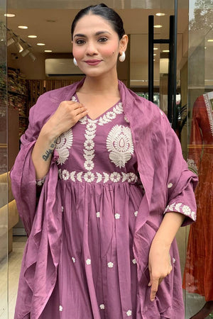 Violet Floral Embroidered Chanderi Anarkali Suits