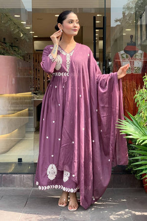 Violet Floral Embroidered Chanderi Anarkali Suits