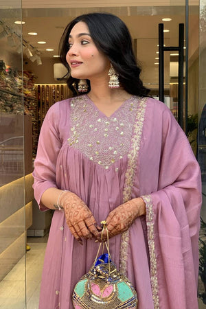 Pink Floral Embroidered Chinon Anarkali Suits