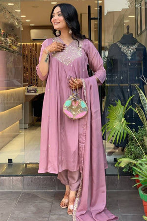 Pink Floral Embroidered Chinon Anarkali Suits