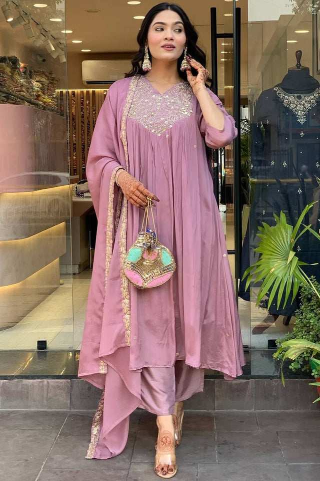 Pink Floral Embroidered Chinon Anarkali Suits