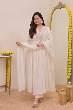 Cream Floral Embroidered Chanderi Anarkali Suits