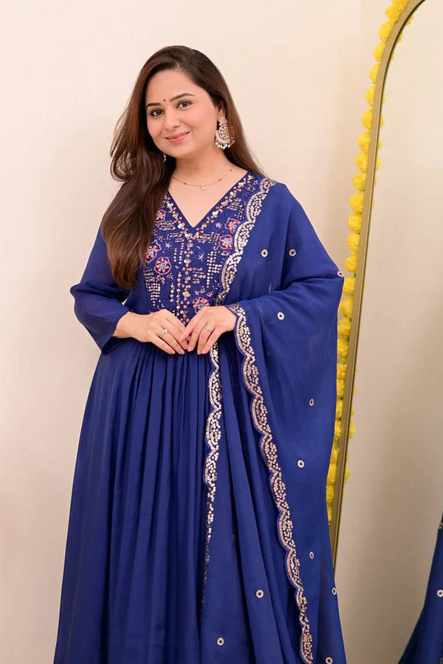 Blue Sequin with Embroidered Chanderi Anarkali Suits