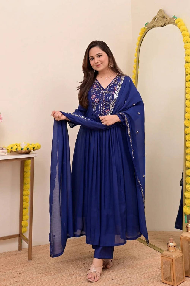 Blue Sequin with Embroidered Chanderi Anarkali Suits