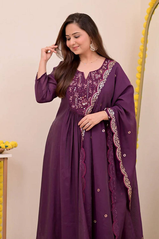Wine Sequin with Embroidered Chanderi Straight Cut Suits