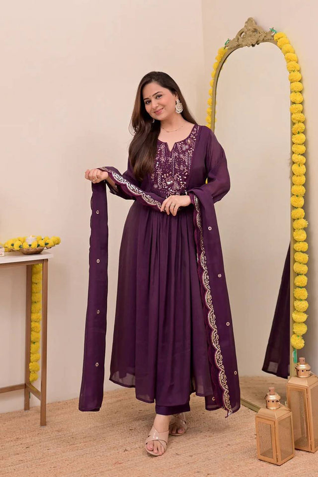 Wine Sequin with Embroidered Chanderi Straight Cut Suits