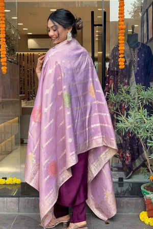 Violet Floral Printed Chanderi Straight Cut Suits