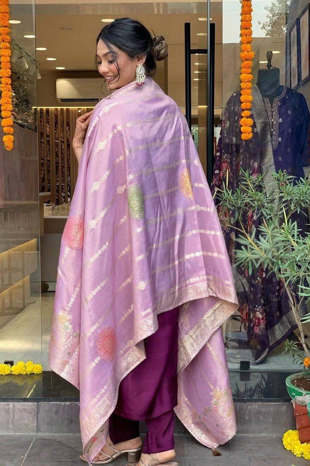 Violet Floral Printed Chanderi Straight Cut Suits