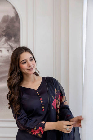 Black Floral Printed Silk Straight Cut Suits