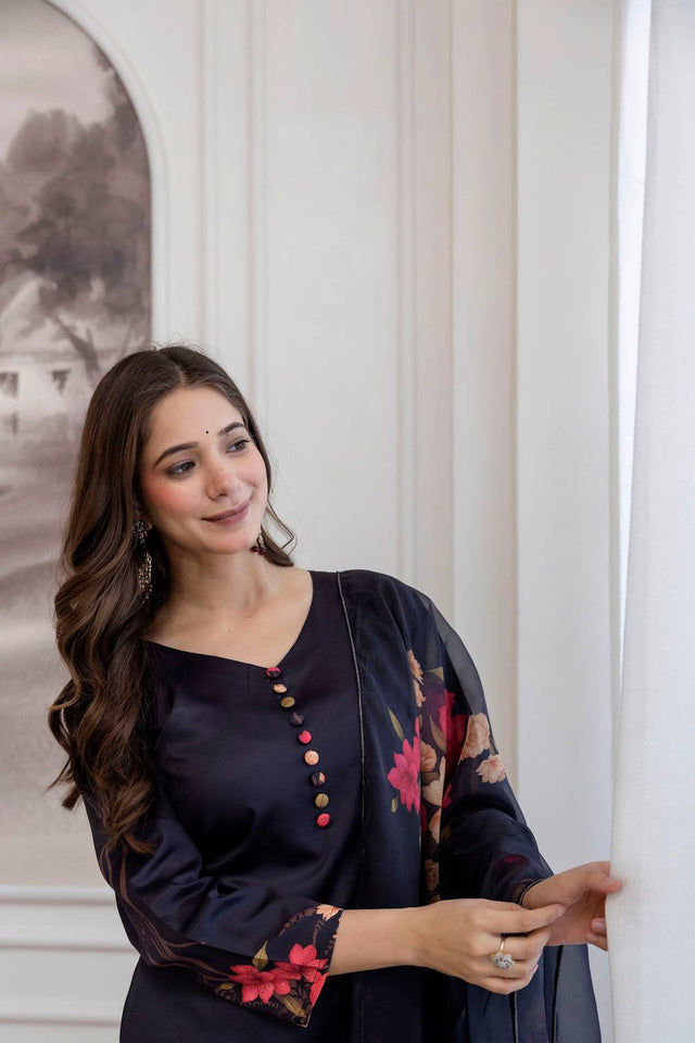 Black Floral Printed Silk Straight Cut Suits