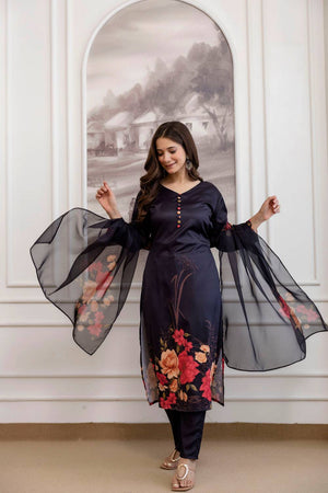 Black Floral Printed Silk Straight Cut Suits