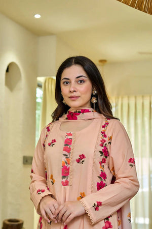 Peach Floral Printed Cotton Straight Cut Suits