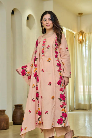 Peach Floral Printed Cotton Straight Cut Suits