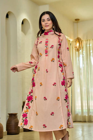 Peach Floral Printed Cotton Straight Cut Suits