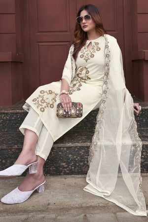 Off White Floral Embroidered Rayon Straight Cut Suits