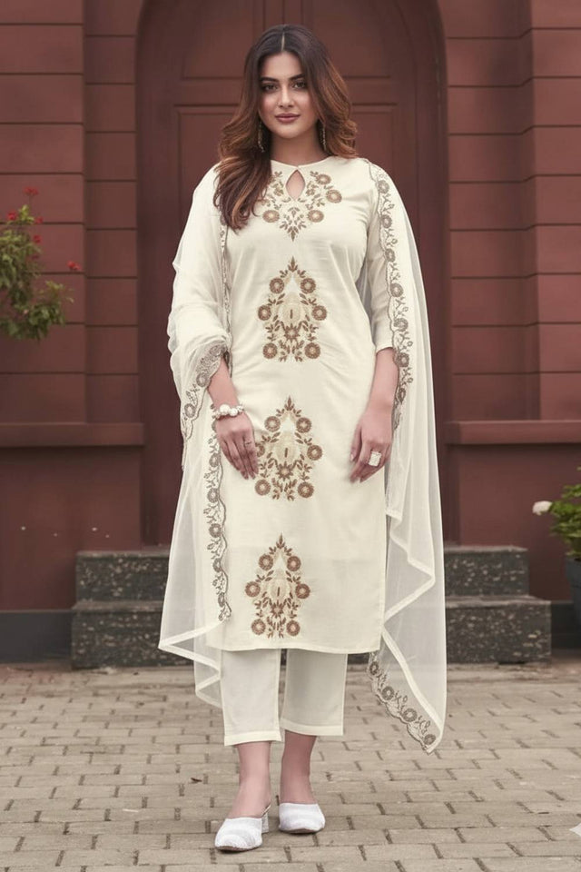 Off White Floral Embroidered Rayon Straight Cut Suits