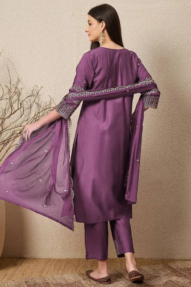 Violet Embroidered Silk Straight Cut Suits