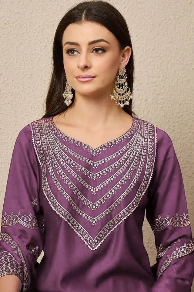 Violet Embroidered Silk Straight Cut Suits