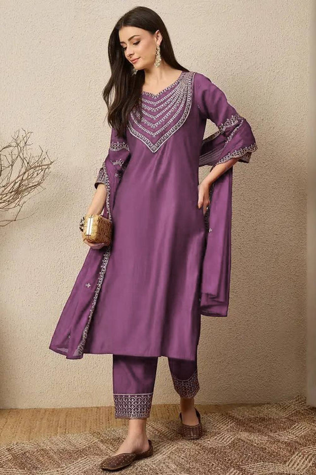 Violet Embroidered Silk Straight Cut Suits
