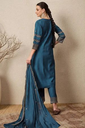 Turquoise Embroidered Silk Straight Cut Suits