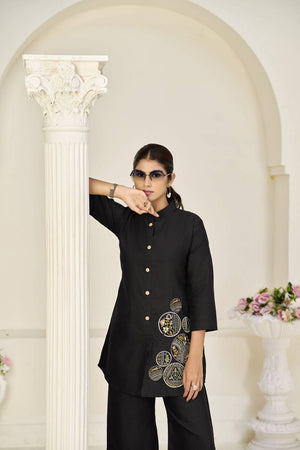 Black Floral Embroidered Rayon Co-Ord Set