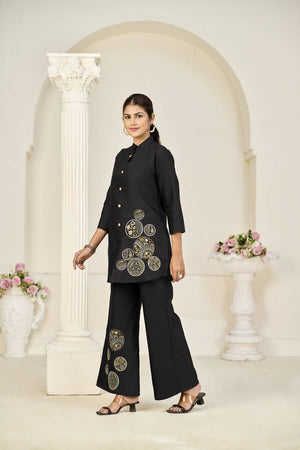 Black Floral Embroidered Rayon Co-Ord Set