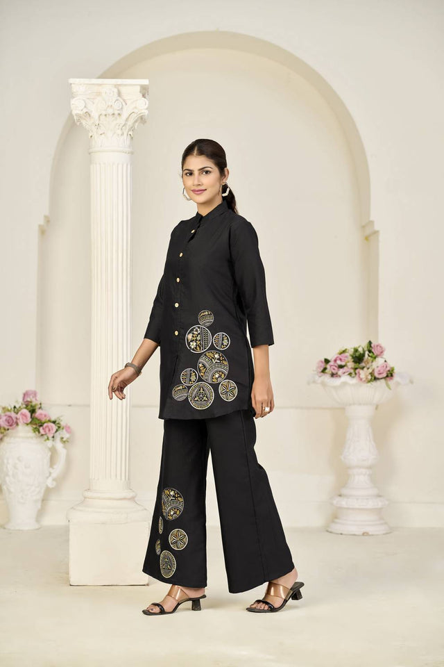 Black Floral Embroidered Rayon Co-Ord Set