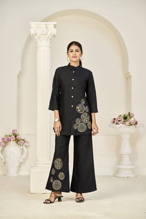 Black Floral Embroidered Rayon Co-Ord Set