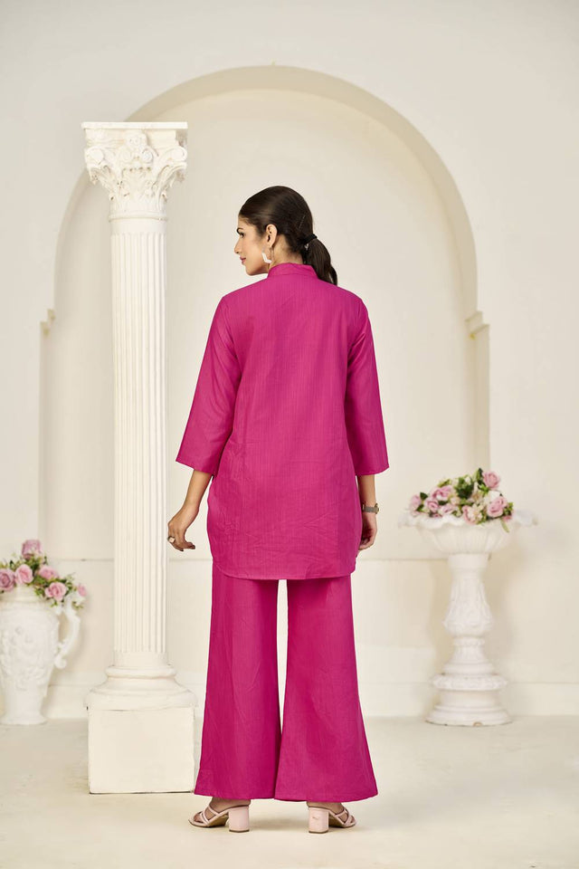 Pink Floral Embroidered Rayon Co-Ord Set