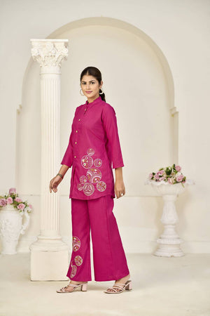 Pink Floral Embroidered Rayon Co-Ord Set
