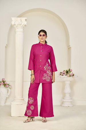 Pink Floral Embroidered Rayon Co-Ord Set