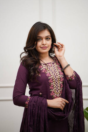 Wine Floral Embroidered Rayon Co-Ord Set