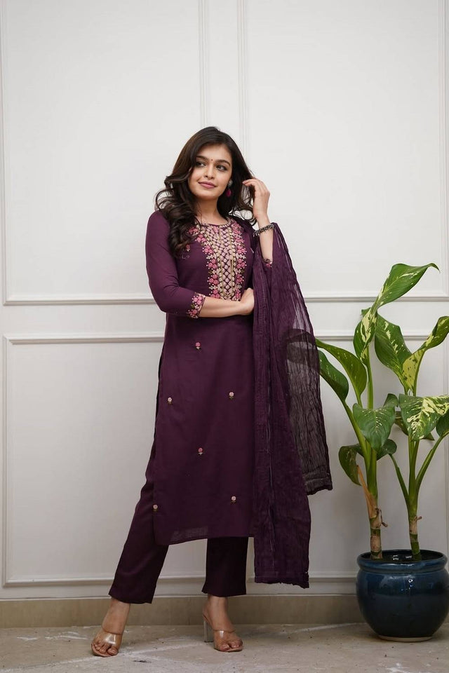 Wine Floral Embroidered Rayon Co-Ord Set