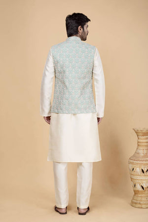 Men's Cream Embroidered Silk Kurta Set with Jacket