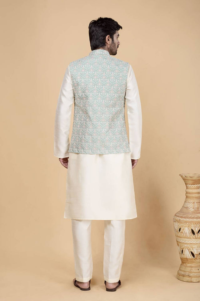 Men's Cream Embroidered Silk Kurta Set with Jacket