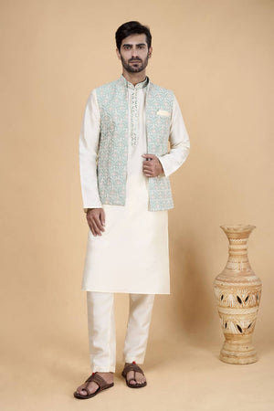 Men's Cream Embroidered Silk Kurta Set with Jacket