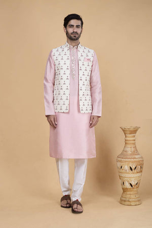 Men's Pink Embroidered Silk Kurta Set with Jacket