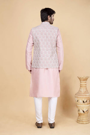 Men's Pink Embroidered Silk Kurta Set with Jacket