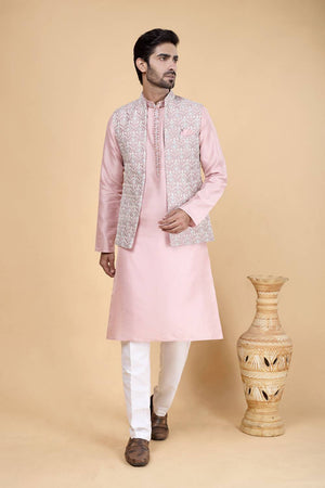 Men's Pink Embroidered Silk Kurta Set with Jacket
