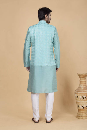 Men's Sea Green Embroidered Silk Kurta Set with Jacket