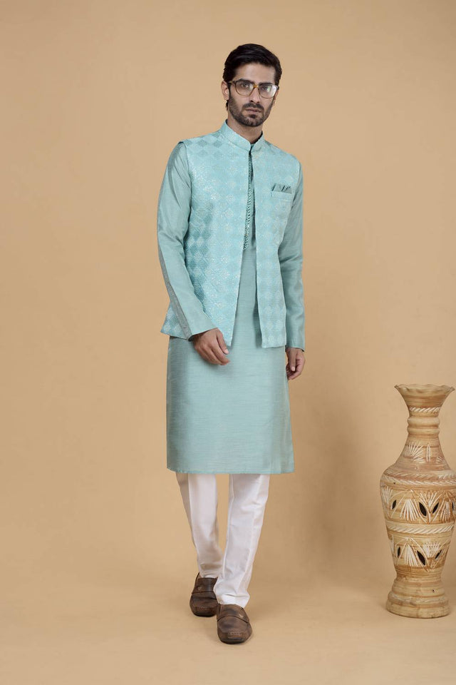 Men's Sea Green Embroidered Silk Kurta Set with Jacket