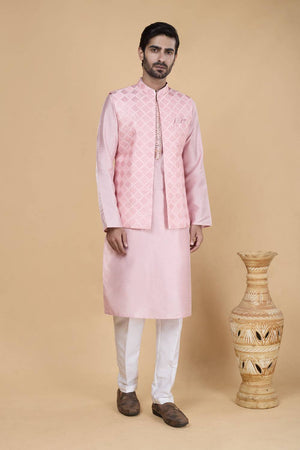 Men's Pink Embroidered Silk Kurta Set with Jacket
