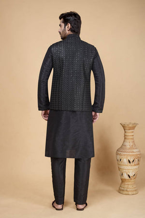 Men's Black Embroidered Silk Kurta Set with Jacket