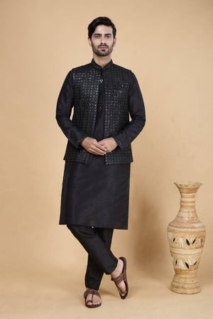 Men's Black Embroidered Silk Kurta Set with Jacket