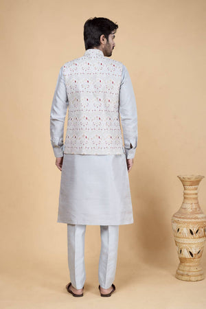 Men's Grey Embroidered Silk Kurta Set with Jacket