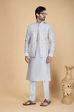 Men's Grey Embroidered Silk Kurta Set with Jacket