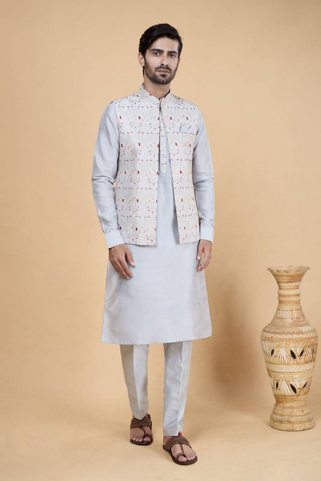 Men's Grey Embroidered Silk Kurta Set with Jacket