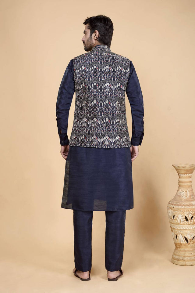 Men's Blue Embroidered Silk Kurta Set with Jacket
