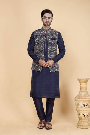 Men's Blue Embroidered Silk Kurta Set with Jacket