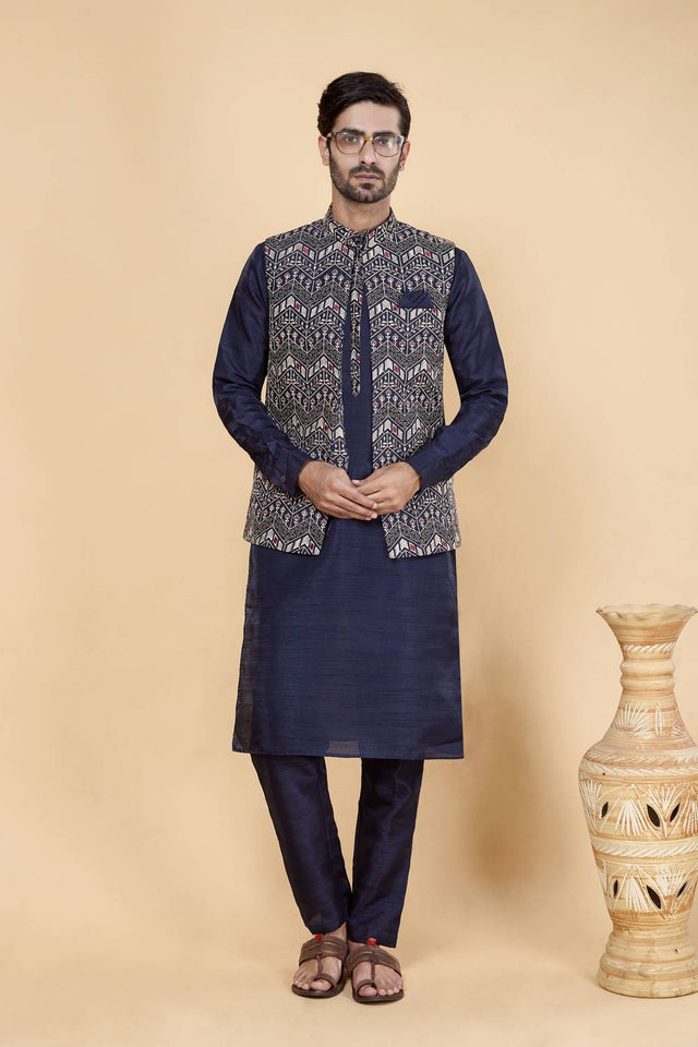 Men's Blue Embroidered Silk Kurta Set with Jacket